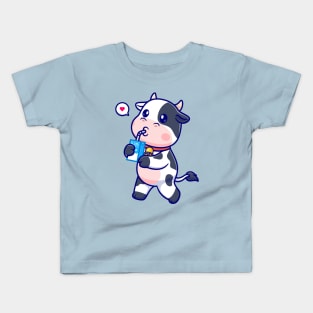 Cute Cow Drinking Milk Cartoon Kids T-Shirt